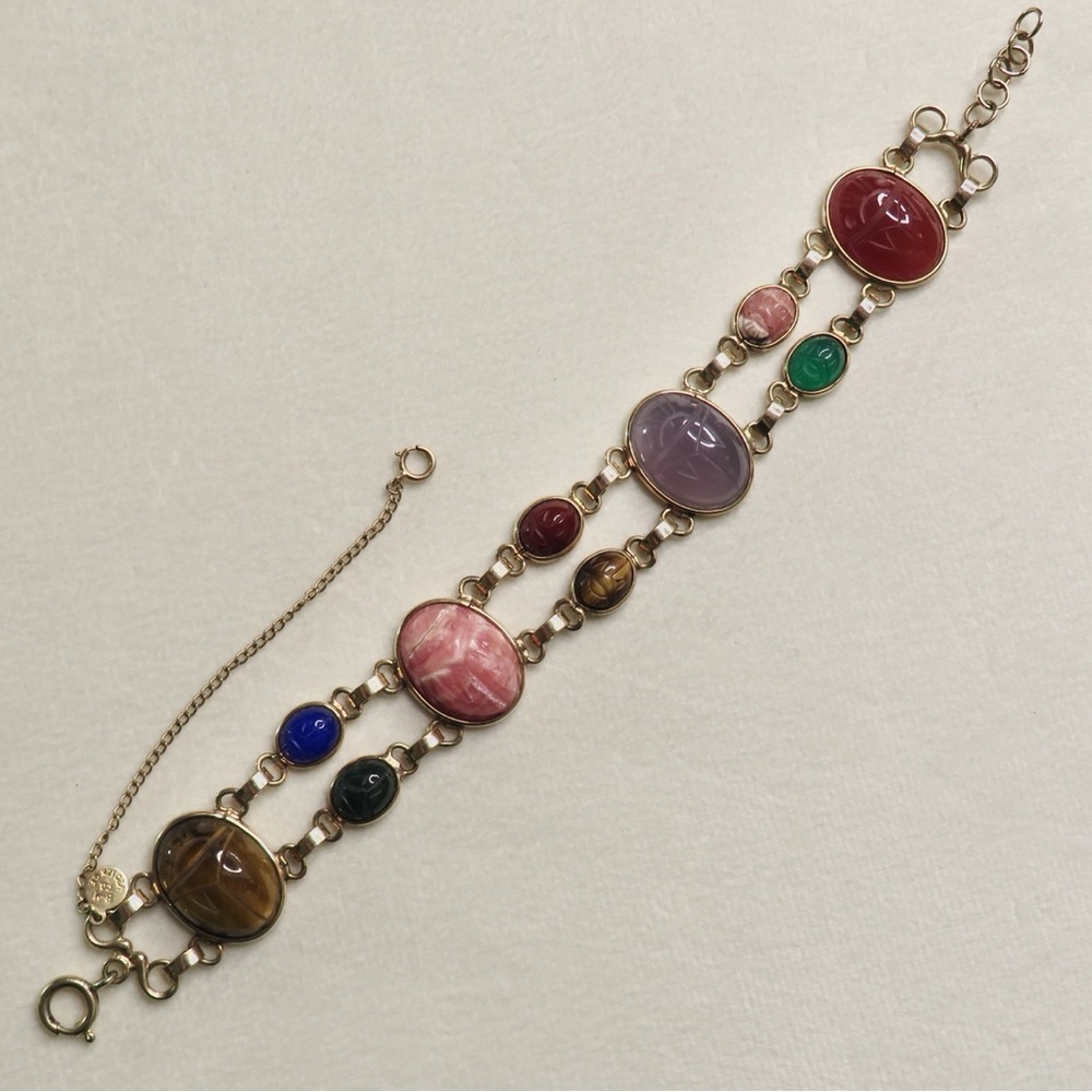 Vintage 2 Row Egyptian Revival 12k Gold Fill Scarab Bracelet B-H Co. Adjustable